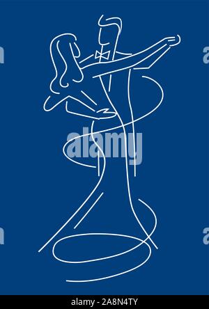 Balroom Tänzer Paar. Line Art stilisierte Abbildung: Junges Paar tanzen Gesellschaftstanz auf blauem Hintergrund. Vektor zur Verfügung. Stock Vektor