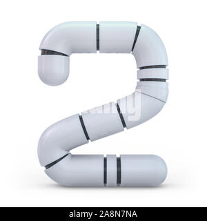 Nummer 2. Digital signieren. Metallische futuristische weiße Schrift. Mechanische Alphabet. 3D-Rendering. Stockfoto