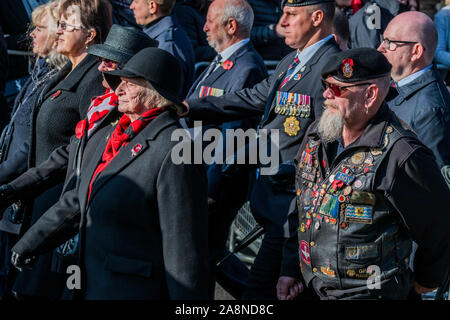 London, Großbritannien. 10 Nov, 2019. Die Veteranen März Vergangenheit - die Erinnerung Sonntag Parade am Ehrenmal in Whitehall Tribut an die Opfer von Krieg zu bezahlen, und zum ersten Mal in diesem Jahr enthalten, die Opfer des Terrorismus. Credit: Guy Bell/Alamy leben Nachrichten Stockfoto