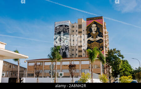 Gemälde von D-Fläche (l) en Gehorchen Shepard Fairey (r) in Malaga Soho auf Gebäuden, Art District, Andalusien, Spanien. Stockfoto