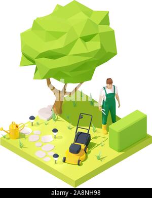 Vektor isometrische Gärtner im Garten arbeiten Stock Vektor