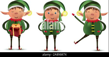Sammlung wenig elses auf weißem Hintergrund. Santas Helfer. Elf mit Geschenk präsentieren. Icon Set. Vector Illustration Stock Vektor