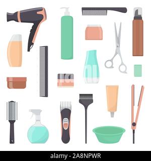 Werkzeuge und kosmetische Produkte für die Haarpflege. Professionelle Friseursalons tools. Eine Reihe von Elementen, die für eine Beauty Salon. Vector Illustration im flachen Stil Stock Vektor
