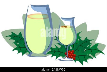 Weihnachten trinken Eierlikör mit Zimt und Mistel Zweig auf hellen Hintergrund. Flache Bauform für Urlaub Karte oder Banner. EPS 10 Vector Illustration. Stock Vektor