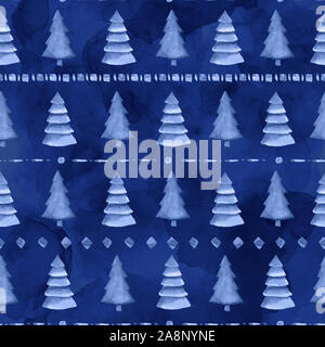 Nahtlose aquarell Wald Muster. Indigo Bäume auf blauen Hintergrund. Abstrakte Aquarell gemalte Hand Abbildung. Kann für Pattern benutzt werden erfüllt Stockfoto