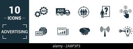 Werbung Icon Set. Gehören kreative Elemente focus group, Marketing, Affiliate Marketing, tv, Global Advertising Icons. Kann verwendet werden für Stock Vektor