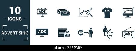 Werbung Icon Set. Gehören kreative Elemente focus group, Marketing, Affiliate Marketing, tv, Global Advertising Icons. Kann verwendet werden für Stock Vektor