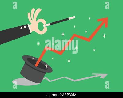 Finanzielle graph Fliegen aus magischen Hut und Hand mit Zauberstab. Wachstum, Einkommen, Ersparnisse, Investitionen. Symbol für Reichtum. Den geschäftlichen Erfolg. Flache styl Stock Vektor