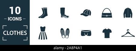 Kleidung Icon Set. Gehören kreative Elemente t-shirt, Jacke, Hose, Socken, Schuhe Symbole. Kann für Bericht, Präsentation, Grafik, Web Design Stock Vektor