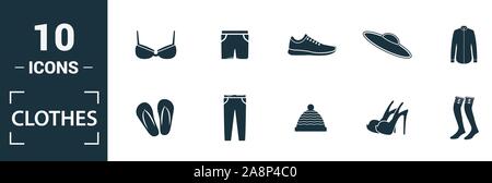 Kleidung Icon Set. Gehören kreative Elemente t-shirt, Jacke, Hose, Socken, Schuhe Symbole. Kann für Bericht, Präsentation, Grafik, Web Design Stock Vektor