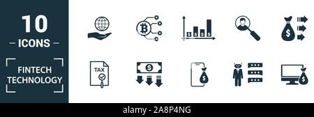 Fintech Technologie Icon Set. Kreative Elemente Grundeinkommen, bitcoin Technologie, online kredit, Kyc, Geschäftsmodell Symbole enthalten. Kann verwendet werden für Stock Vektor
