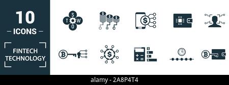 Fintech Technologie Icon Set. Kreative Elemente Grundeinkommen, bitcoin Technologie, online kredit, Kyc, Geschäftsmodell Symbole enthalten. Kann verwendet werden für Stock Vektor