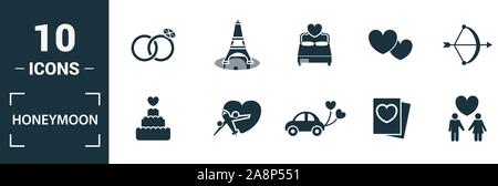 Hochzeitsreise Icon Set. Gehören kreative Elemente reisen, Just Married, Abendessen, Eber, Reise, Kuchen Symbole. Kann für Bericht, Präsentation, Diagramm verwendet werden, Web Stock Vektor