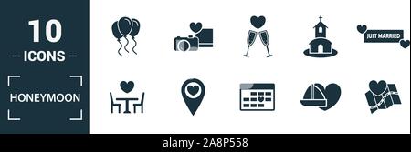 Hochzeitsreise Icon Set. Gehören kreative Elemente reisen, Just Married, Abendessen, Eber, Reise, Kuchen Symbole. Kann für Bericht, Präsentation, Diagramm verwendet werden, Web Stock Vektor