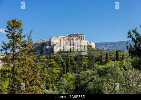 Blick auf die Akropolis vom Pnyx Hügel, Athen, Griechenland Stockfoto