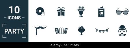 Party Symbol Symbol gesetzt. Gehören kreative Elemente flapper mit Konfetti, Geschenk, Karaoke, Champagner, harmonische Symbole. Kann für den Bericht verwendet, Präsentation. Stock Vektor