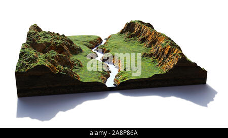 Querschnitt der Boden mit Hügeln, Fluss und Wiesen (3D-Rendering, mit Schatten auf weißem Hintergrund) Stockfoto