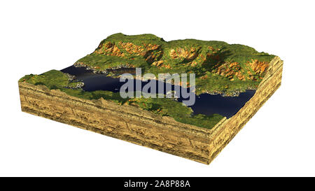 Querschnitt der Boden mit Hügeln, Fluss und Wiesen (3D-Illustration, auf weißem Hintergrund) Stockfoto