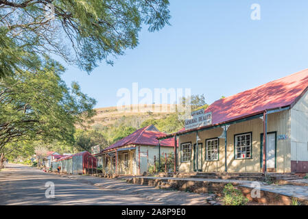 PILGRIMS REST, SÜDAFRIKA - 21. MAI 2019: eine Straße, Szene, mit Unternehmen in historischen Gebäuden, in Pilgrims Rest, Mpumalanga Stockfoto