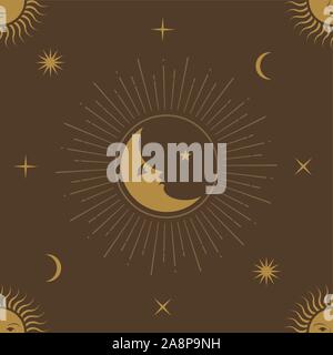 Mond, Sonne und Sterne, nahtlose ornamentale Muster Stock Vektor