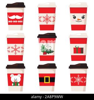 Vektor flache Design Papier Kaffee oder Tee Tassen Set eingerichtet süße Frohe Weihnachten Zeichen auf weißem Hintergrund. Stock Vektor