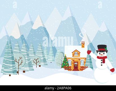 Weihnachten Winter Landschaft mit Schneemann, eingerichteten Haus, Rauch kommt aus dem Schornstein in Cartoon Flat Style. Stock Vektor