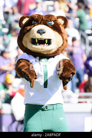 9. November 2019: Baylor Bears Maskottchen während der ersten Hälfte des NCAA Football Spiel zwischen Baylor Bears und der TCU Horned Frogs an Amon G. Carter Stadion in Fort Worth, Texas. Matthew Lynch/CSM Stockfoto