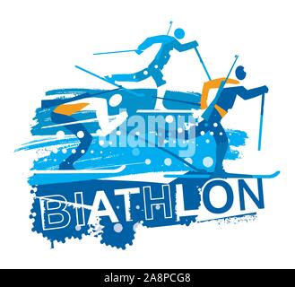 Biathlon Rennen, Langläufer grunge stilisiert. Abbildung: Drei stilisierte Biathlon Racer mit Inschrift Biathlon. Vektor zur Verfügung. Stock Vektor