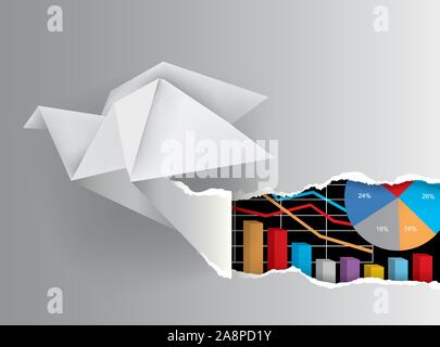 Origami Vogel zerrissene Papier mit Diagrammen. Origami taube Ripping grau Papier Hintergrund mit Diagrammen als Symbol für den geschäftlichen Erfolg. Vektor. Stock Vektor