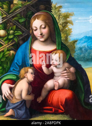 Madonna und Kind mit Kind, hl. Johannes der Täufer von Correggio (Antonio Allegri da Correggio, 1489-1534), Öl auf Holz, 1515, C. Stockfoto