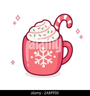 Cute cartoon heiße Schokolade oder Kaffee in rot Tasse mit Schneeflocke Ornament. Warme Saison trinken Doodle mit Zuckerstange, Schlagsahne und Streuseln. Chri Stock Vektor