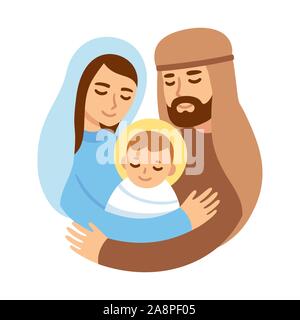 Abbildung Weihnachten Krippe mit Maria und Josef umarmt Baby Jesus. Süß und einfachen cartoon Vektor Zeichnung. Stock Vektor