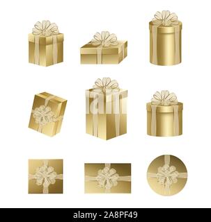 Set gold Geschenkboxen mit Gold Bug und Farbband für Weihnachten und Geburtstag Dekorationen Stock Vektor
