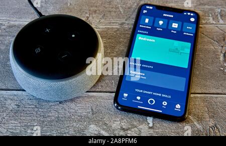 Amazon Echo Dot (3. Generation) Neben einem iPhone 11 zeigt die Alexa app Stockfoto