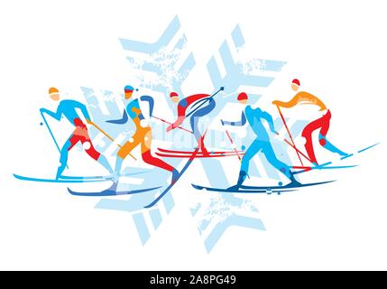 Cross Country Ski Race, Grunge stilisiert. Abbildung: fünf Cross Country Ski Racers auf grunge Hintergrund. Auf Pinselstrich isoliert. Vektor verfügbar Stock Vektor