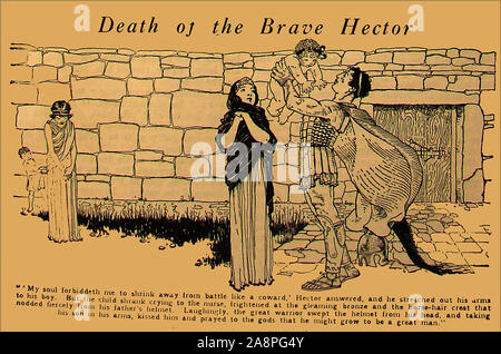 Ein vintage Cartoon Stil Abbildung: Hector die Griechischen und Römischen mythologischen Helden, kurz bevor er im Kampf gestorben. Er war ein Trojaner Prinz und Held im Trojanischen Krieg. Traditionell er war der erste Sohn des Königs Priamos und Königin Hecuba, ein Nachkomme von Dardanus und Tros, der Gründer von Troy geboren und wurde zu Andromache verheiratet, mit der er ein Kind, Sohn, Scamandrius (wem die Leute von Troy namens Astyanax) (in der Abbildung gezeigt). Stockfoto