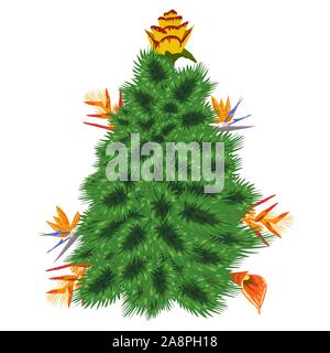 Tropische Weihnachten. Weihnachtsbaum aus tropischen Palmen Blätter und monstera Stock Vektor