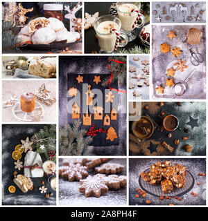 Weihnachten Neujahr süßes Gebäck Desserts. Der traditionelle Weihnachten Süßigkeiten. Collage aus schönen festlichen Bilder. Stockfoto