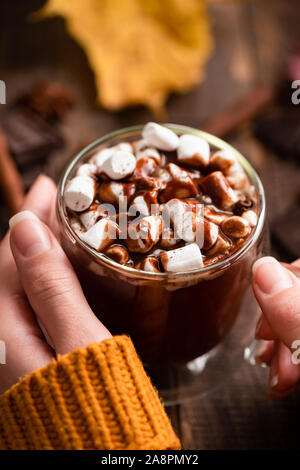 Heiße Schokolade mit Marshmallows und Schokolade Sirup In weibliche Hände. Detailansicht Stockfoto