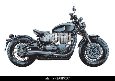 Bobber oder Chopper Motorrad, Seitenansicht, auf weißem Hintergrund. Monochrome hoch detaillierte Vector Illustration. Stock Vektor