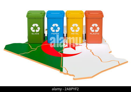 Recycling von Abfällen in Algerien. Farbige Mülltonnen auf der Karte von Algerien, 3D-Rendering auf weißem Hintergrund Stockfoto