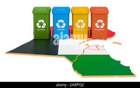 Recycling von Abfällen in Kuwait. Farbige Mülltonnen auf der Karte von Kuwait, 3D-Rendering auf weißem Hintergrund Stockfoto