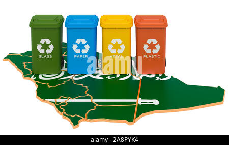 Recycling von Abfällen in Saudi-Arabien. Farbige Mülltonnen auf der Karte von Saudi-arabien, 3D-Rendering auf weißem Hintergrund Stockfoto