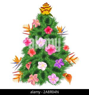 Tropische Weihnachten. Weihnachtsbaum aus tropischen Palmen Blätter und monstera Stock Vektor