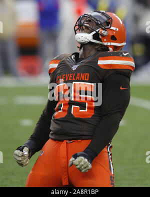 Cleveland, USA. 10 Nov, 2019. Cleveland Browns Larry Ogunjobi (65) feiert Buffalo Bill's Stephen Hauschka's verpasst Feld Ziel mit 22 Sekunden bei FirstEnergy Stadion in Cleveland, Ohio am Sonntag, 10. November 2019. Foto von Aaron Josefczyk/UPI Quelle: UPI/Alamy leben Nachrichten Stockfoto