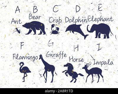 Alphabet mit Tieren sillhouette. Inklusive name, Font, Briefe. ABC für Kinder mit Niedlichen Tier Zeichen. Vector Illustration, auf Rückseite weiß, isoliert Stock Vektor