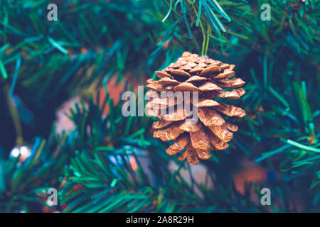 Pine Cone am Weihnachtsbaum. Weihnachten Konzept. Stockfoto