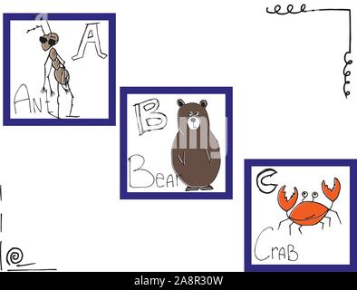 Handgezeichneten Alphabet, Schriftart, Briefe. Doodle ABC für Kinder mit Niedlichen Tier Zeichen. Vector Illustration, auf weißem Hintergrund. Stock Vektor