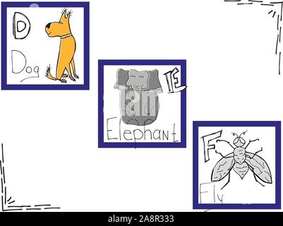 Handgezeichneten Alphabet, Schriftart, Briefe. Doodle ABC für Kinder mit Niedlichen Tier Zeichen. Vector Illustration, auf weißem Hintergrund. Stock Vektor
