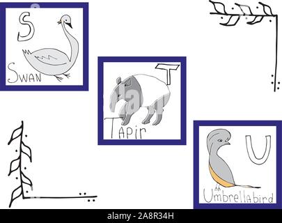 Handgezeichneten Alphabet, Schriftart, Briefe. Doodle ABC für Kinder mit Niedlichen Tier Zeichen. Vector Illustration, auf weißem Hintergrund. Stock Vektor